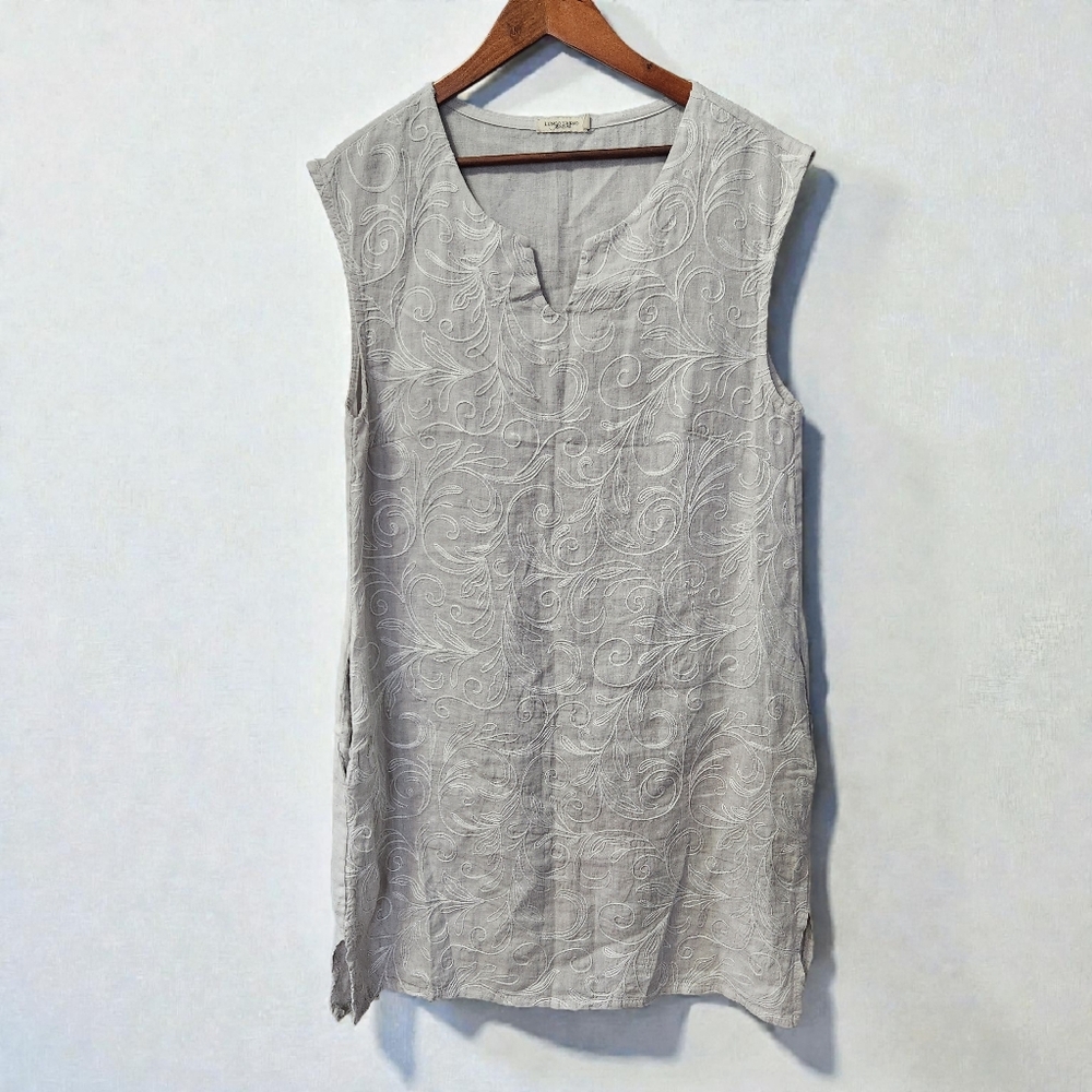 Lungo LArno Linen Sleeveless Embroidered Mini Shift Dress Beige Womens M Relaxed